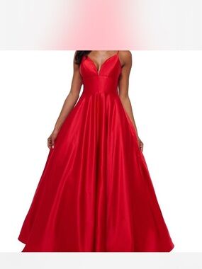 Betsy & Adam Red Satin V-Neck Prom Gown